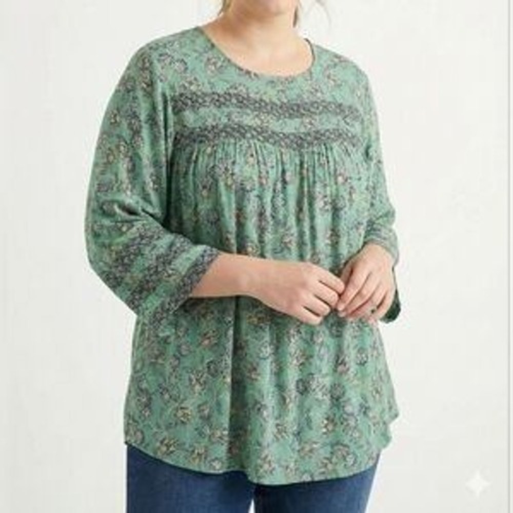 J. Jill Green Floral Paisley Blouse Petite Large Rayon Boho Coastal Fairycore